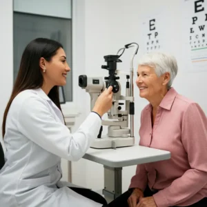 Blog 16 glaucoma screening The Villages: Optometrist performing glaucoma screening on a senior woman using a slit lamp in an eye care clinic.