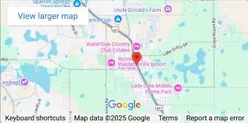 Hindsight Eye Care map showing eye exam location in Lady Lake, FL near Water Oak Country Club Estates and Recreation Plantation RV Resort.