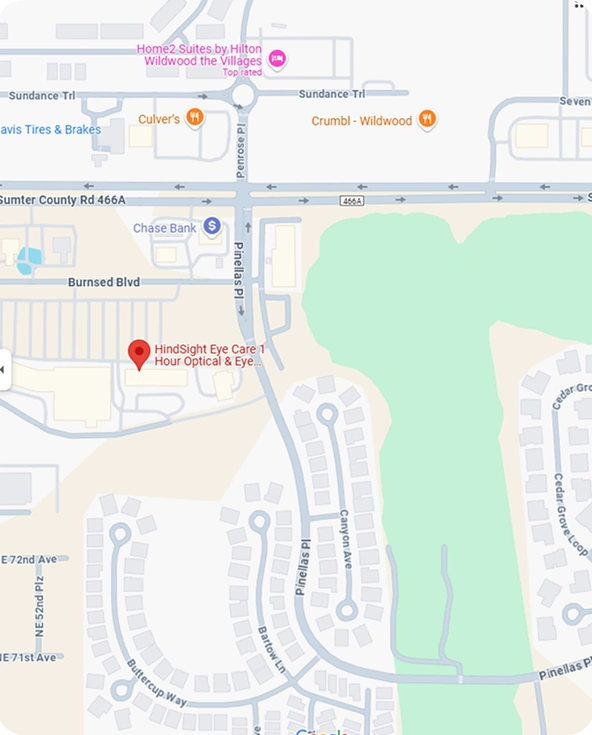 Hindsight Eye Care map location in The Villages, FL near Burnsed Blvd and Pinellas Pl.