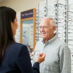 Blog 9 Stylish Eyeglasses for Seniors in the Villages, FL: Optician consulting elderly man on selecting eyeglasses with smiling expression.