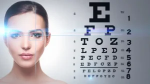 Blog 13 Comprehensive eye exam vs screening concept with woman’s eye scan and vision chart in background