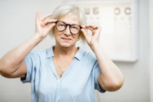 Blog 12 eye exams after 60 The Villages – senior woman adjusting glasses during vision check