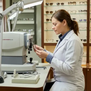 Blog 7 One Hour Glasses: Optician working on lenses with precision equipment in a well-lit optical store.