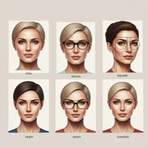 Blog 8 Eyeglass Frames Different face shapes with matching eyeglass styles: Oval, Round, Square, Heart, and Diamond.
