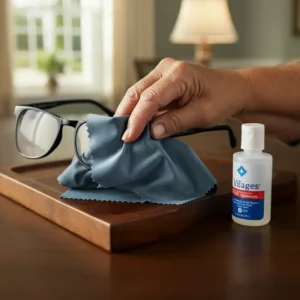 Blog 20 Eyeglass Cleaning Tips: A person cleaning eyeglasses with a microfiber cloth and lens cleaning solution.