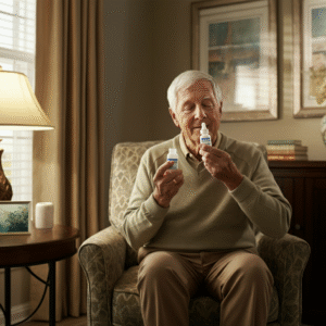 Dry Eye Treatment: An elderly man sitting in a cozy living room, holding two bottles of eye drops, examining them thoughtfully.